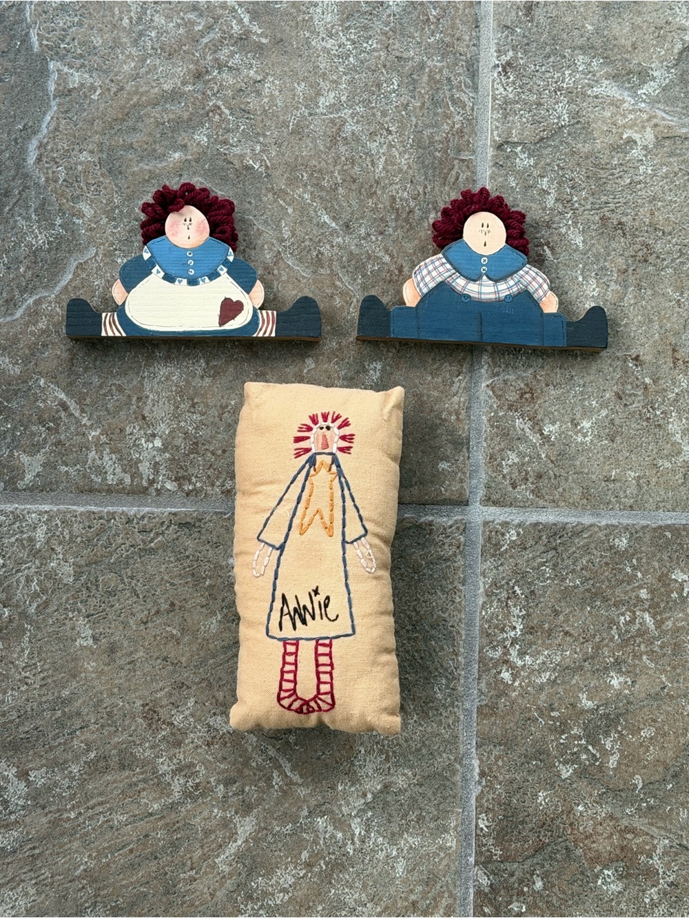 Vintage Raggedy Ann Embroidered Pillow and Wooden Shelf Sitters Decor